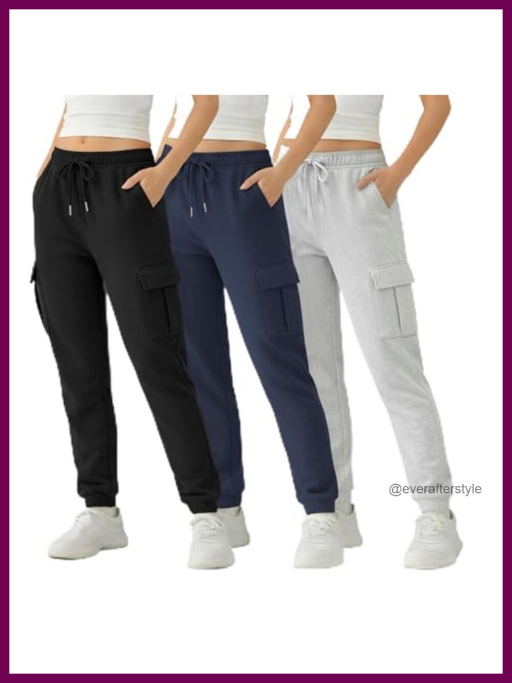 3 Pack Fleece Cargo Joggers for Women 4 Pockets Mid-Rise Cuffed Athletic Pants